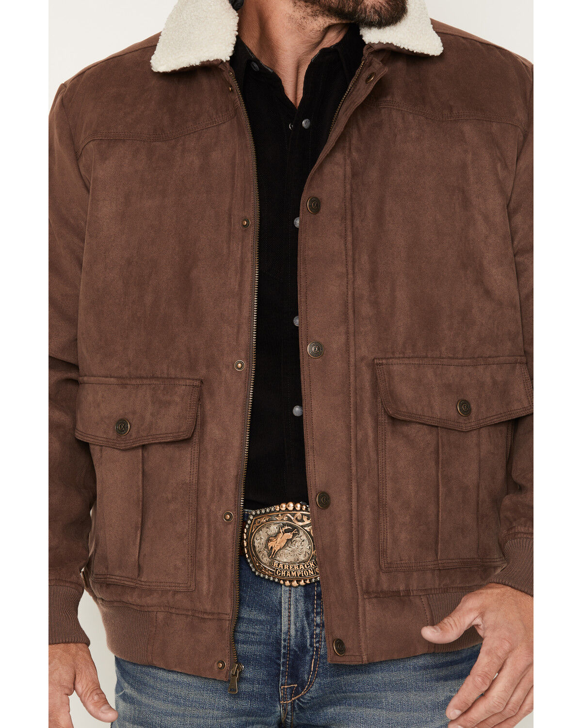 Image #3 - Cody James Men's Edward Faux Suede Snap Sherpa Bomber Jacket, Dark Brown, hi-res
