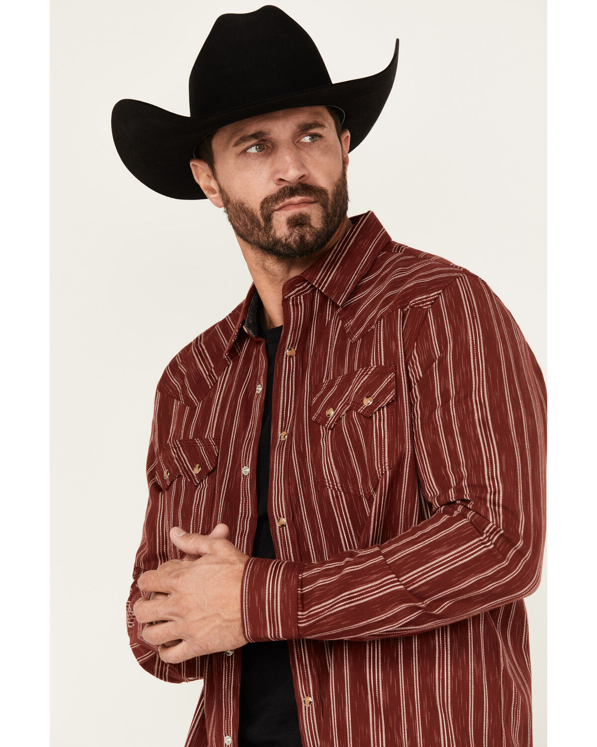 Image #2 - Moonshine Spirit&reg; Men's El Jefe Dobby Striped Print Long Sleeve Snap Western Shirt, Burgundy, hi-res