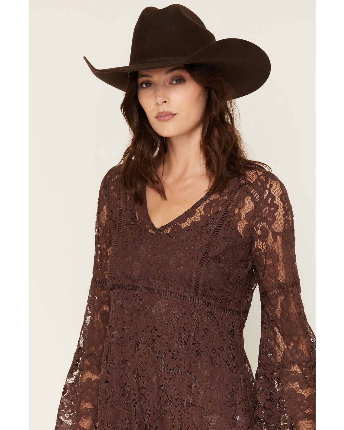 Image #2 - Scully Women's Lace Crochet Long Bell Sleeve Mini Dress, Chocolate, hi-res