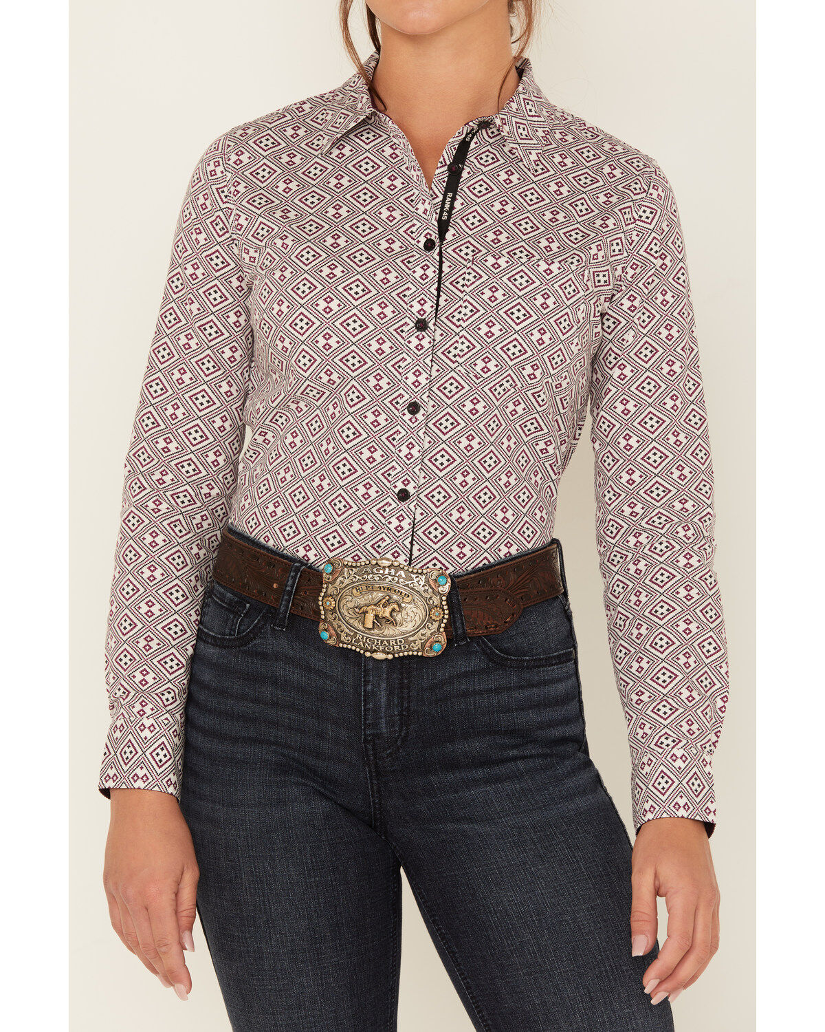 Image #3 - RANK 45&reg; Women's Geo Print Long Sleeve Button-Down Stretch Riding Shirt, Ivory, hi-res