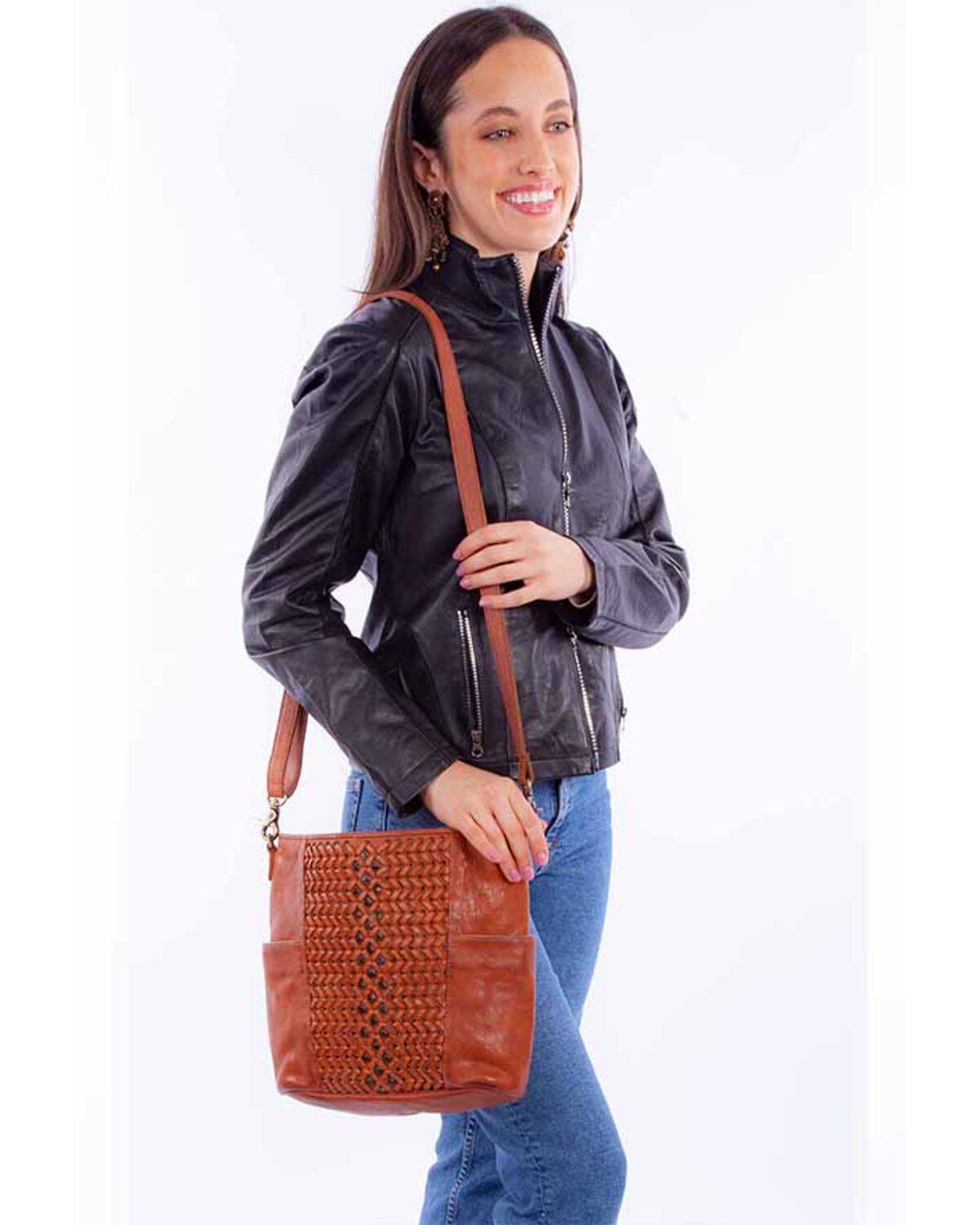 Scully Women's Woven Leather Crossbody Bag, Cognac, hi-res