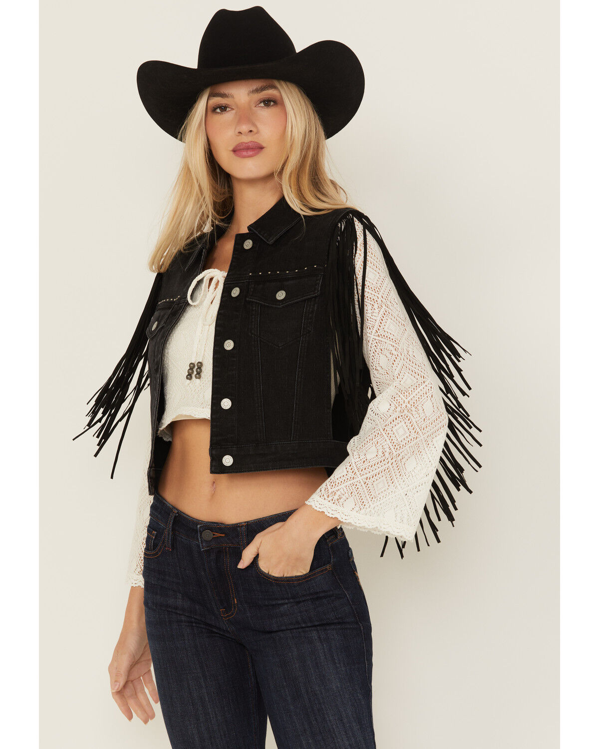 Idyllwind Women's Studded Fringe Vest, Black, hi-res