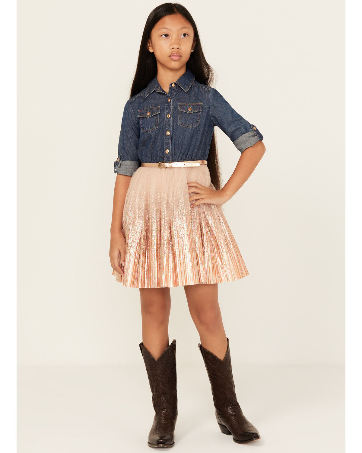 Sugar California Girls' Metallic Denim Quarter Sleeve Dress, Pink, hi-res