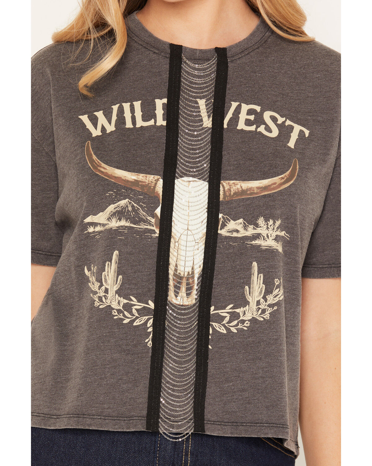 Image #3 - Shyanne Women's Steer Head Chain Front Short Sleeve Graphic Tee, Black, hi-res