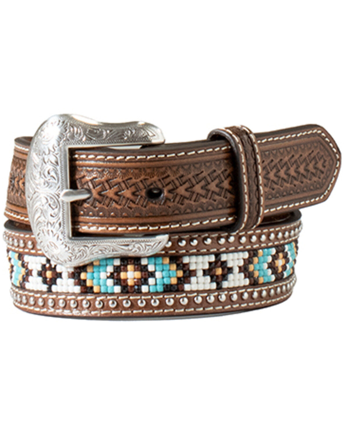 M & F Western Boys' Southwestern Leather Belt, Brown, hi-res
