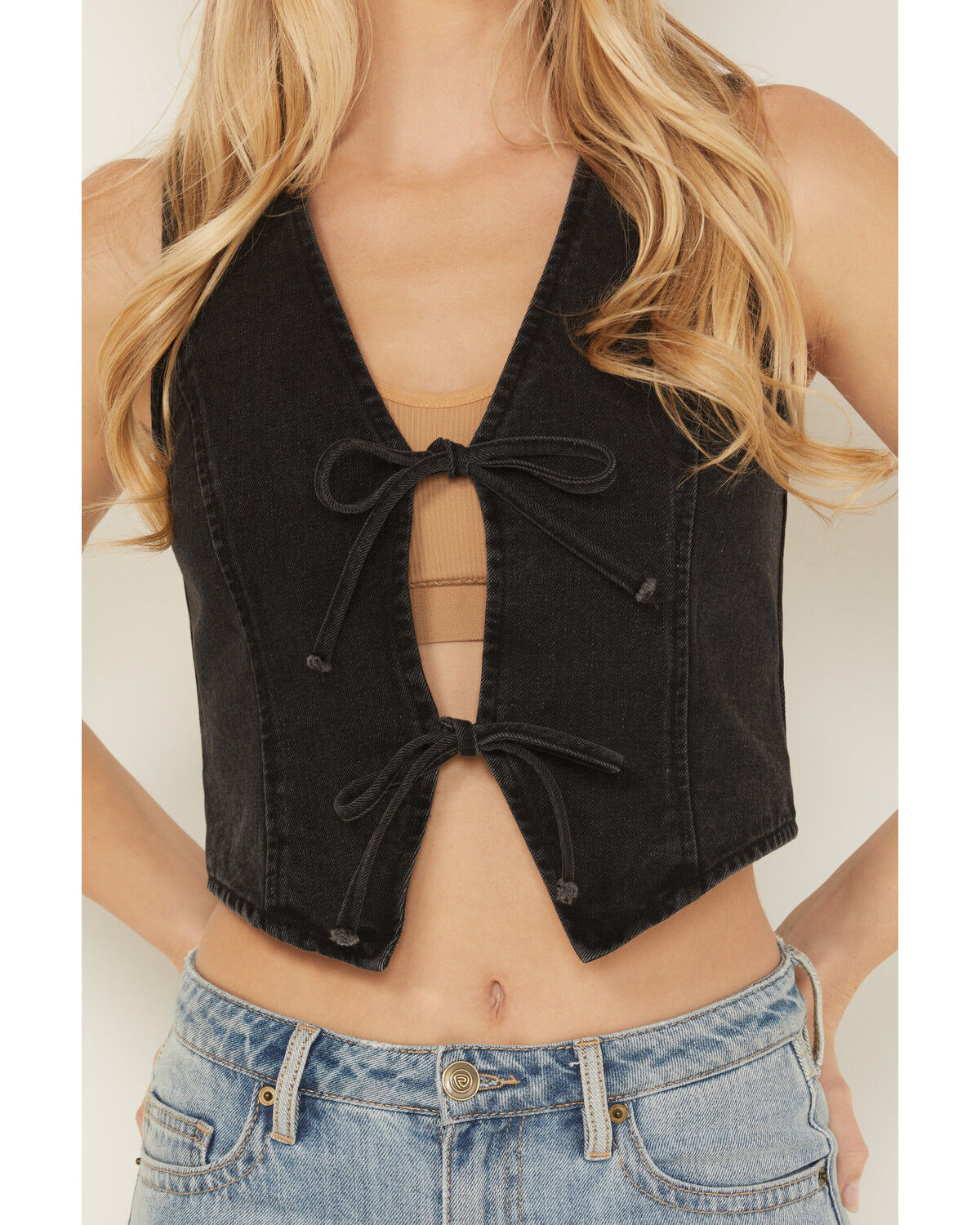 Image #3 - 26 International Women's Bow Tie Denim Vest, Black, hi-res