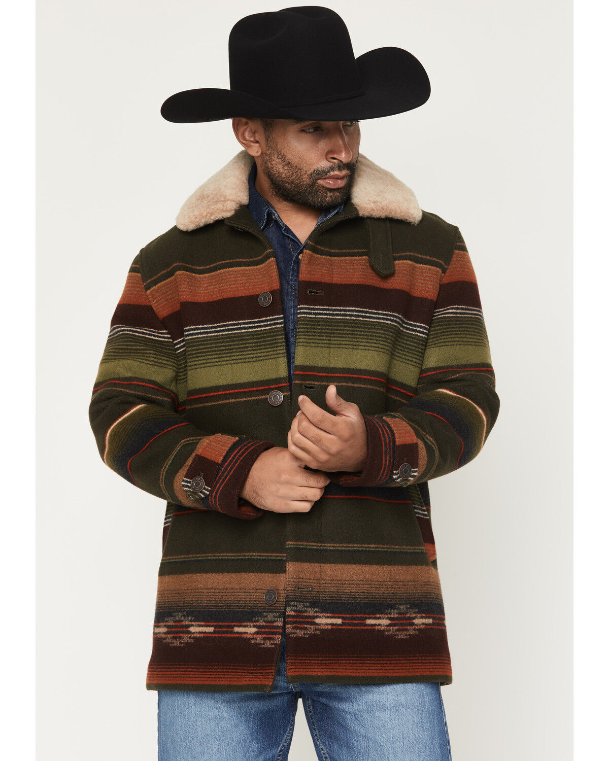 Image #1 - Pendleton Men's Dayton Serape Striped Shearling Collar Button-Down Wool Coat, Olive, hi-res