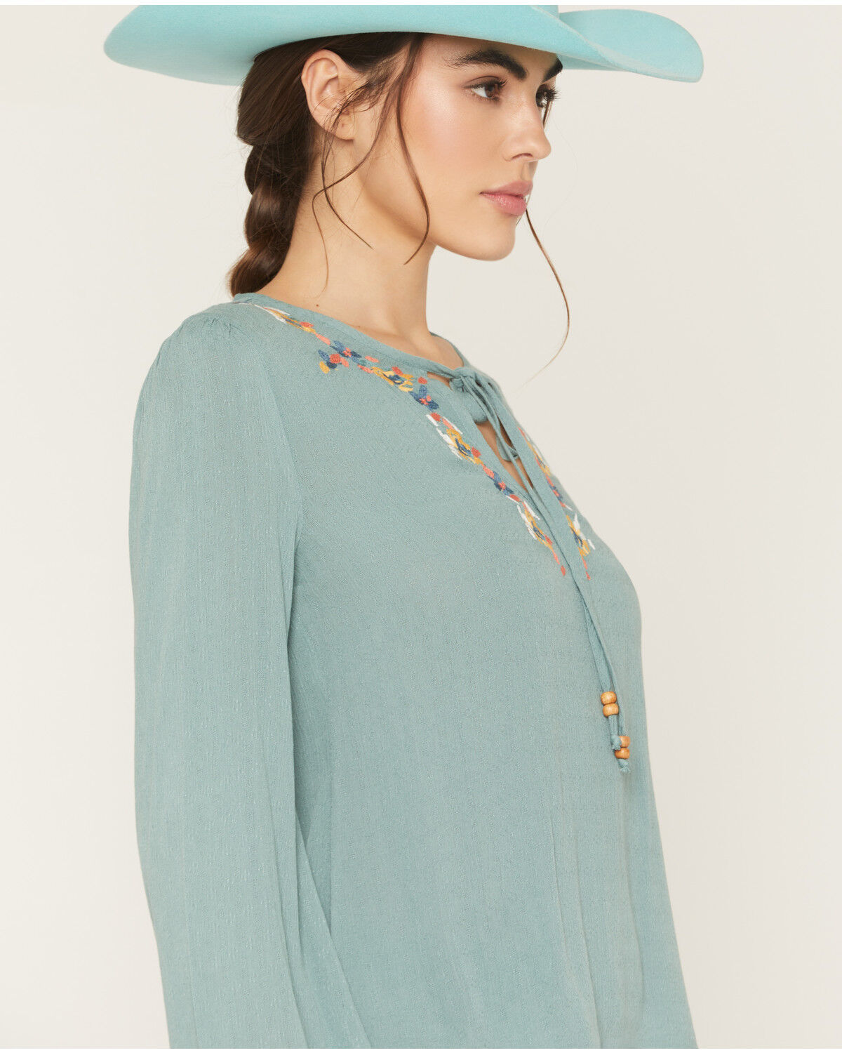 Image #3 - Shyanne Women's Long Sleeve Embroidered Trim Top, Aqua, hi-res