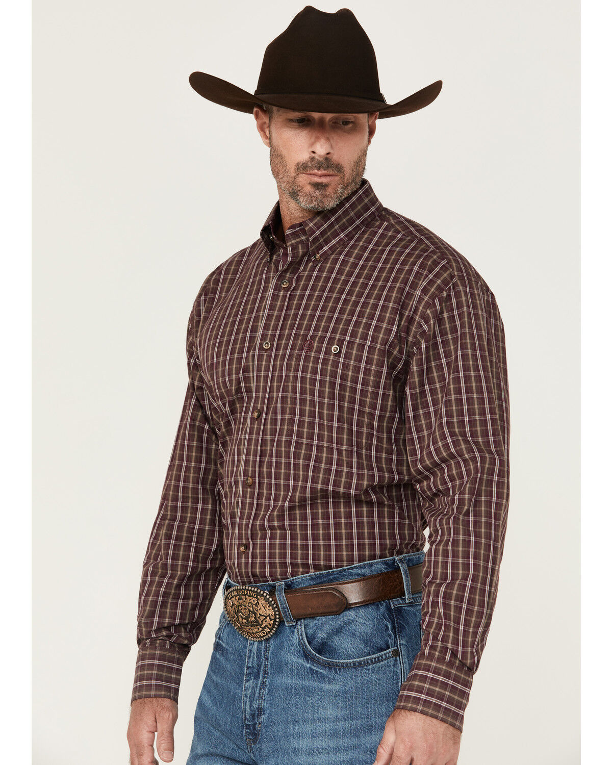 Image #2 - George Strait by Wrangler Men's Plaid Print Long Sleeve Button-Down Stretch Western Shirt, Burgundy, hi-res