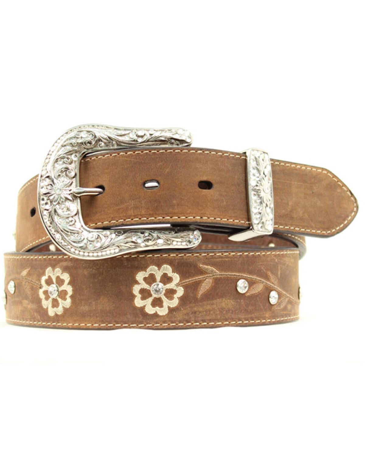 Image #1 - Ariat Women's Floral Rhinestone Concho Belt, Brown, hi-res
