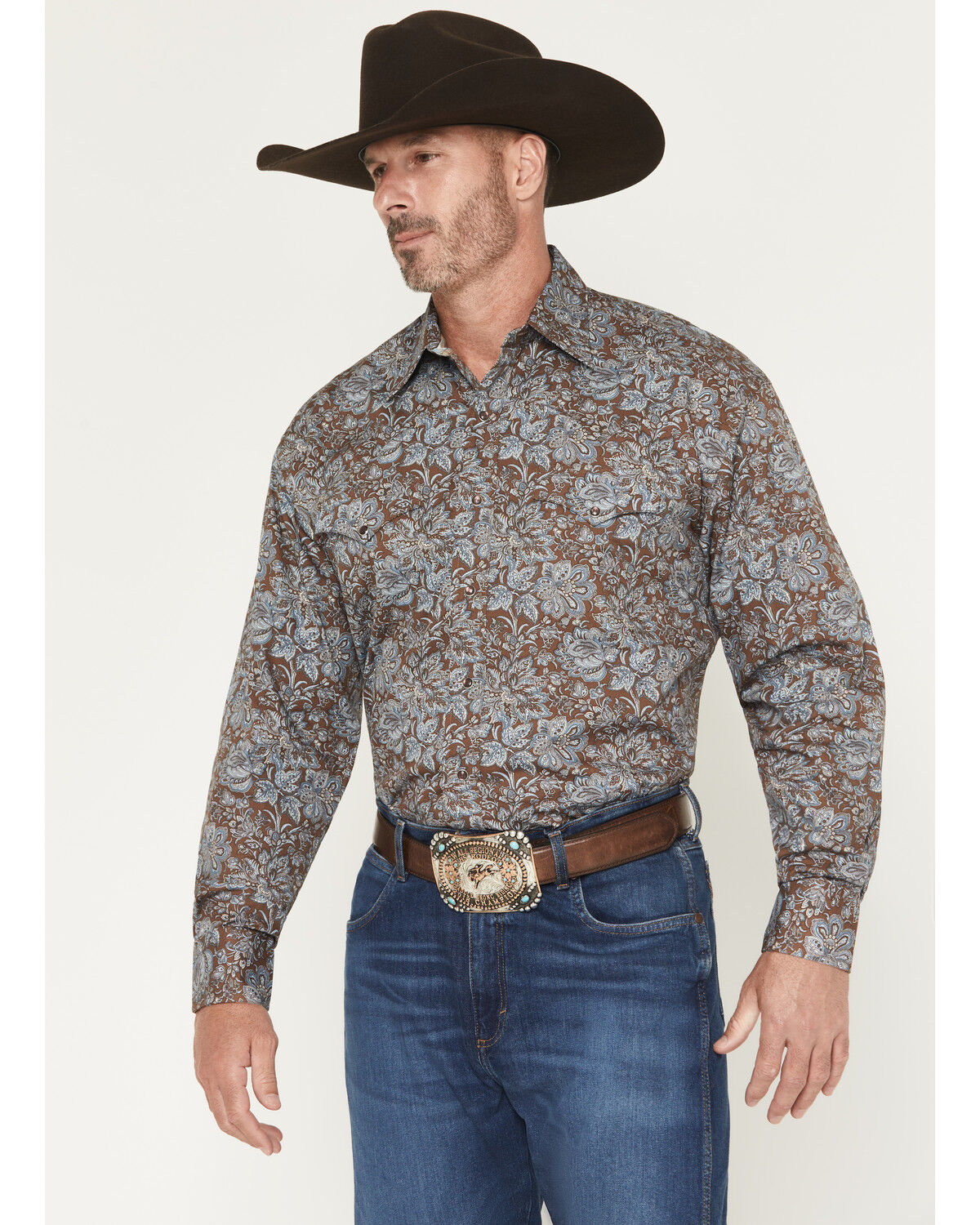 Stetson Men's Floral Paisley Print Long Sleeve Snap Western Shirt, Brown, hi-res