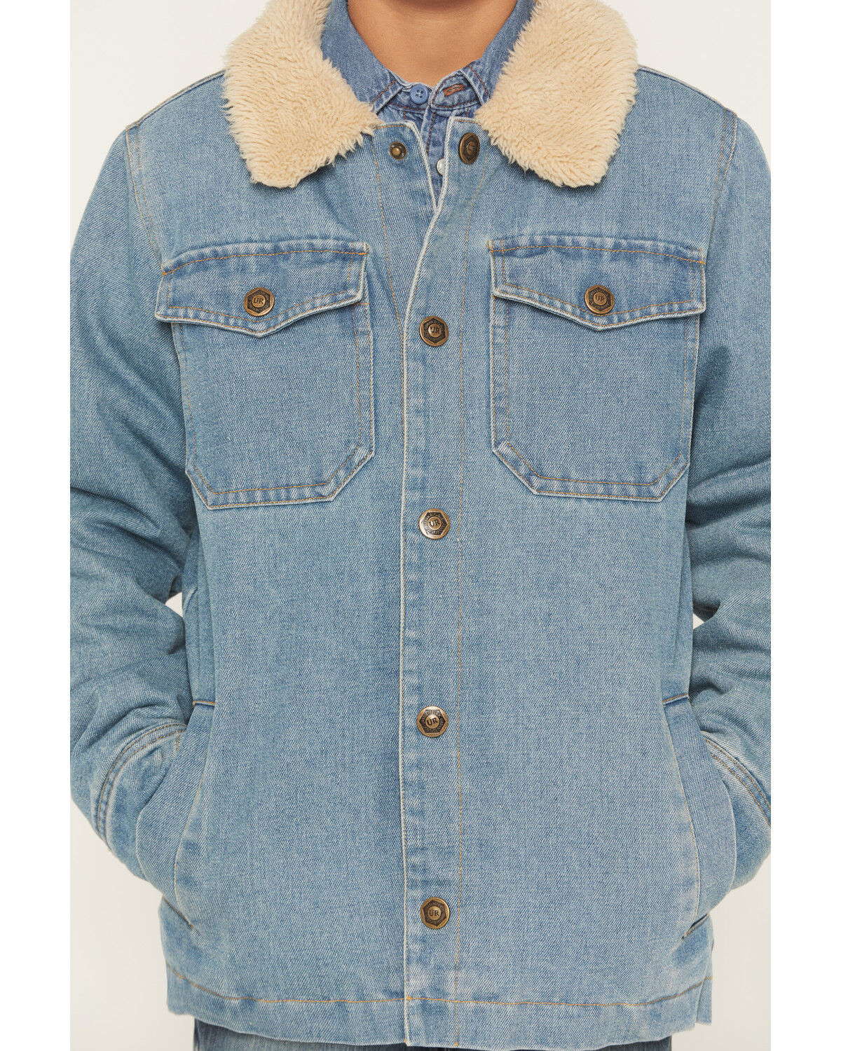 Image #3 - Urban Republic Boys' Medium Wash Sherpa Lined Snap Denim Jacket, Medium Wash, hi-res