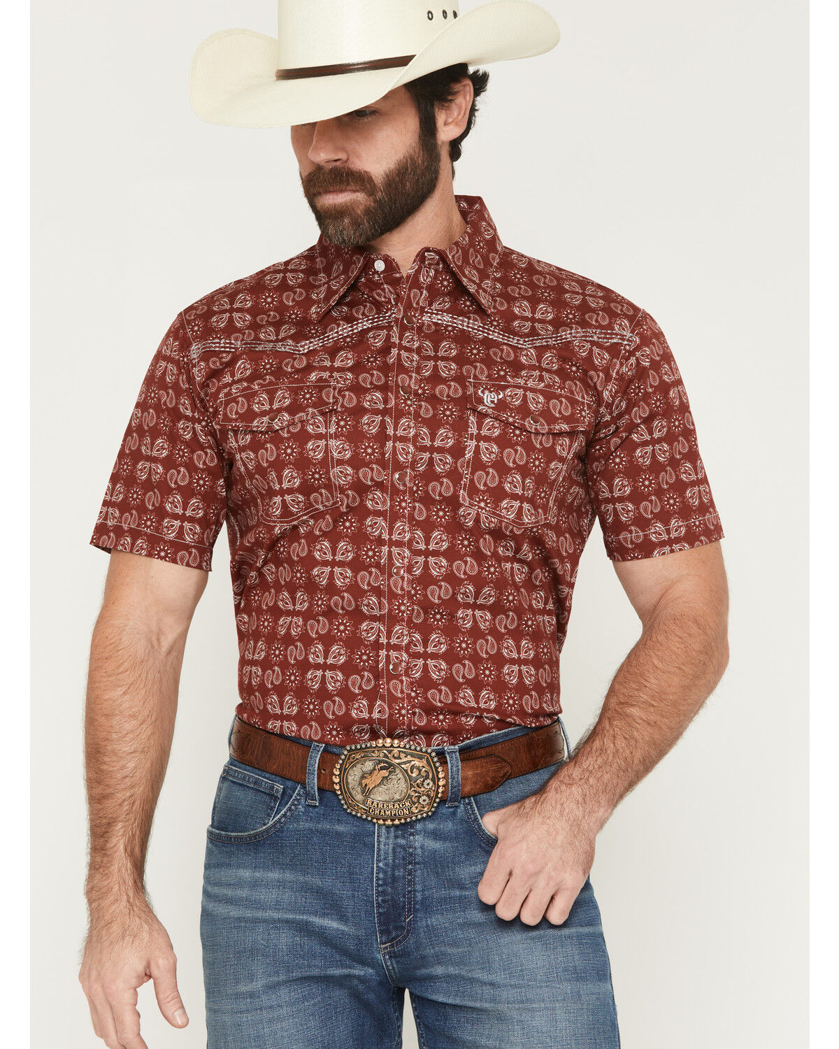 Cowboy Hardware Men's Acorn Paisley Print Short Sleeve Pearl Snap Stretch Western Shirt, Chilli, hi-res