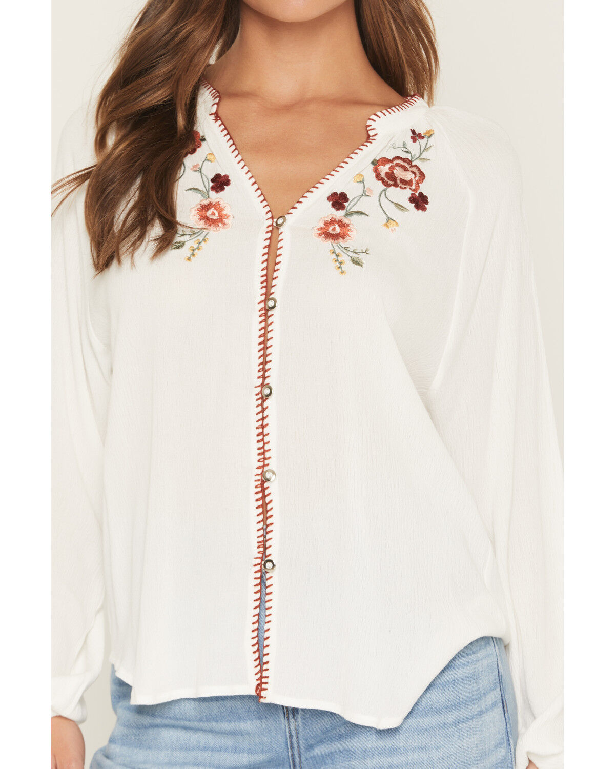 Image #3 - Wild Moss Women's Long Sleeve Whip Stitch and Embroidered Peasant Top, Ivory, hi-res