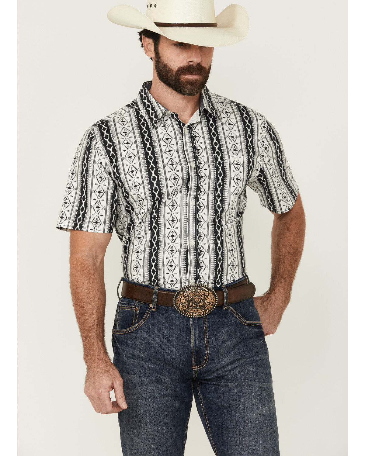 Image #1 - RANK 45&reg; Men's Buffalo Southwestern Striped Print Short Sleeve Button-Down Stretch Western Shirt, White, hi-res