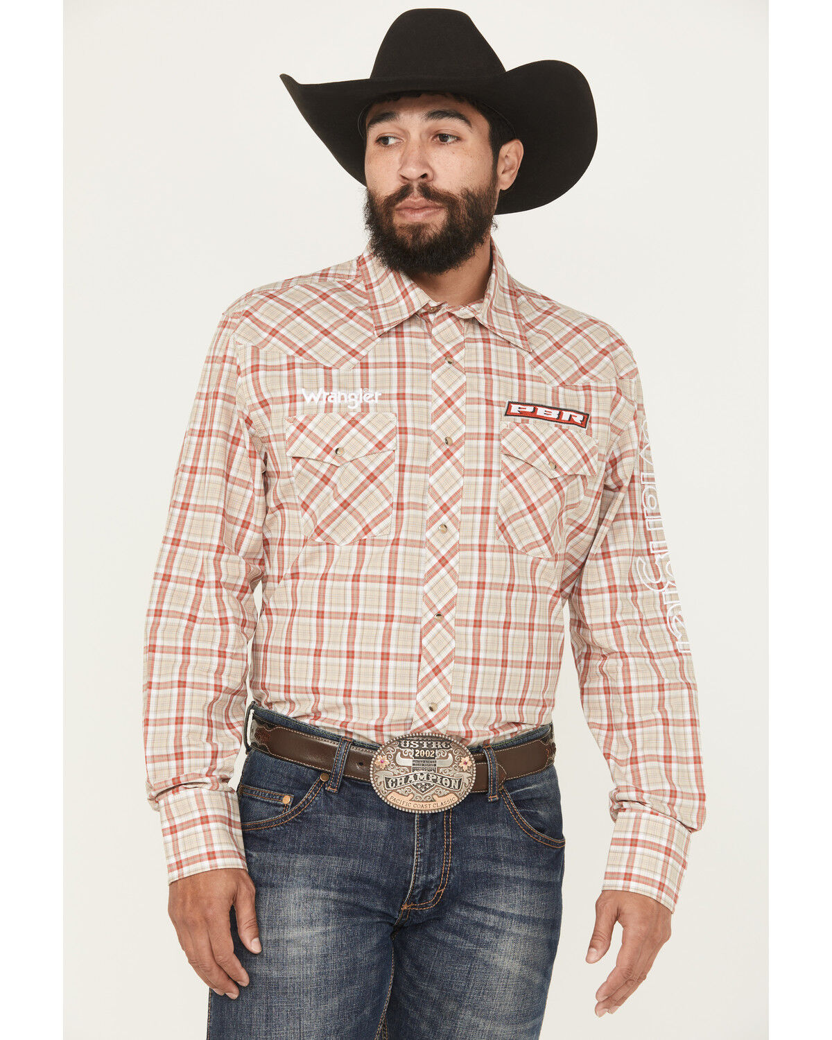 Wrangler Men's PBR Plaid Print Long Sleeve Snap Western Shirt, Tan, hi-res