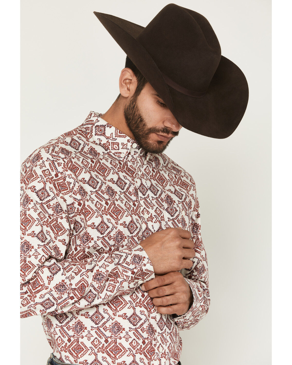 Image #2 - RANK 45&reg; Men's Sketchy Southwestern Print Long Sleeve Button-Down Stretch Western Shirt, Cream, hi-res