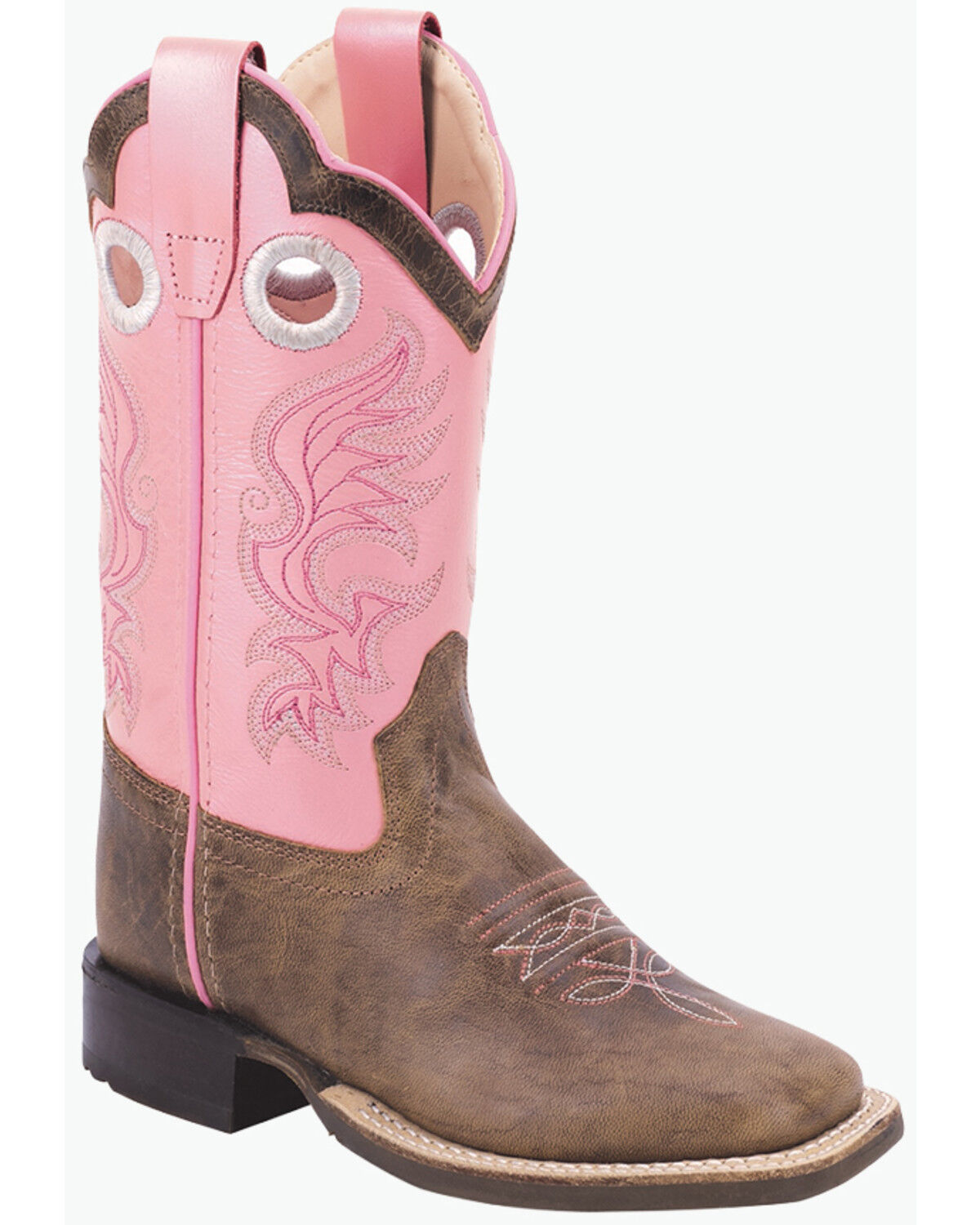 Old West Girls' Fancy Stitch Western Boots - Broad Square Toe, Pink, hi-res