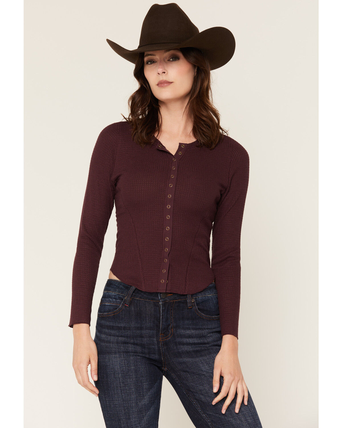 Image #1 - Idyllwind Women's Norwood Solid Long Sleeve Snap Thermal Shirt, Wine, hi-res