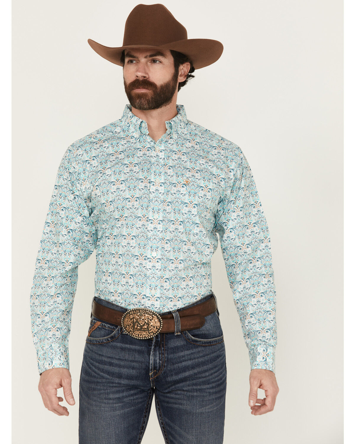 Image #1 - Ariat Men's Jerome Paisley Print Long Sleeve Button-Down Western Shirt - Big, Teal, hi-res