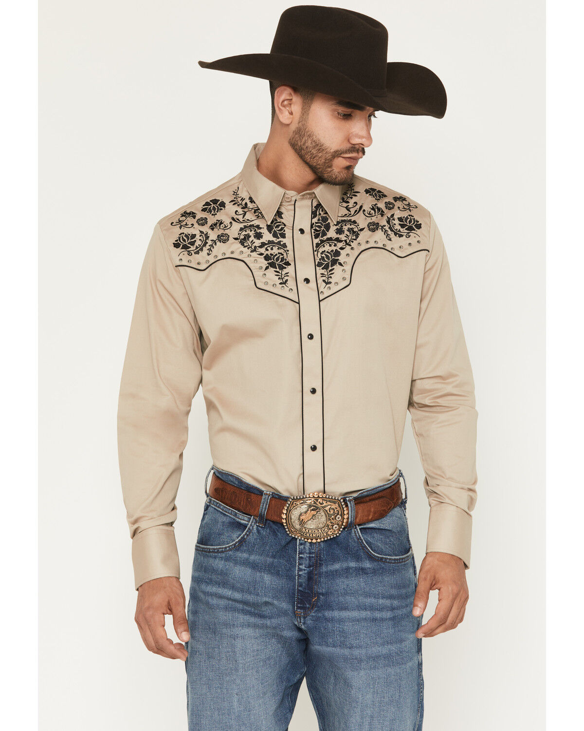 Rodeo Clothing Men's Embroidered Embellished Long Sleeve Snap Western Shirt, Tan, hi-res