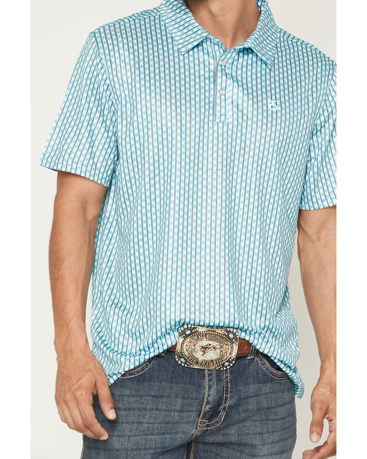 Image #3 - Panhandle Slim Men's Southwestern Striped Short Sleeve Button-Down Polo Shirt, Aqua, hi-res