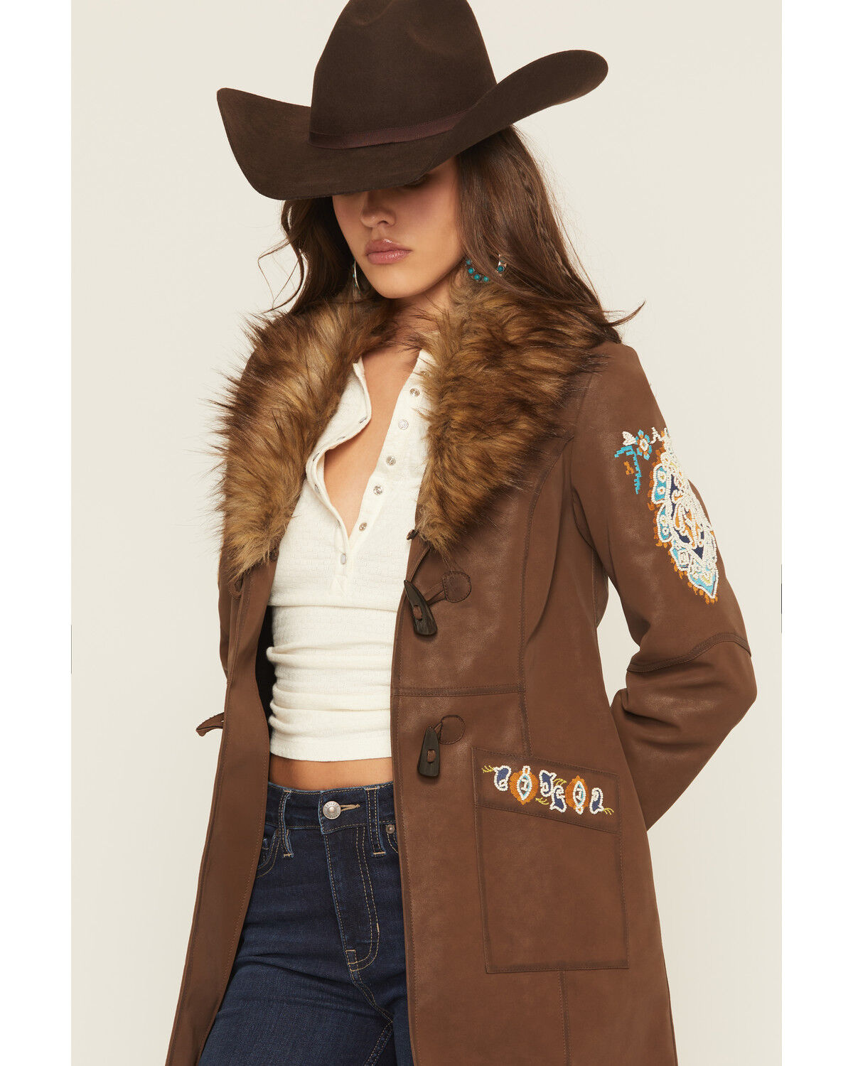 Image #2 - Shyanne Women's Faux Leather Fur Collar Embroidered Coat, Brown, hi-res