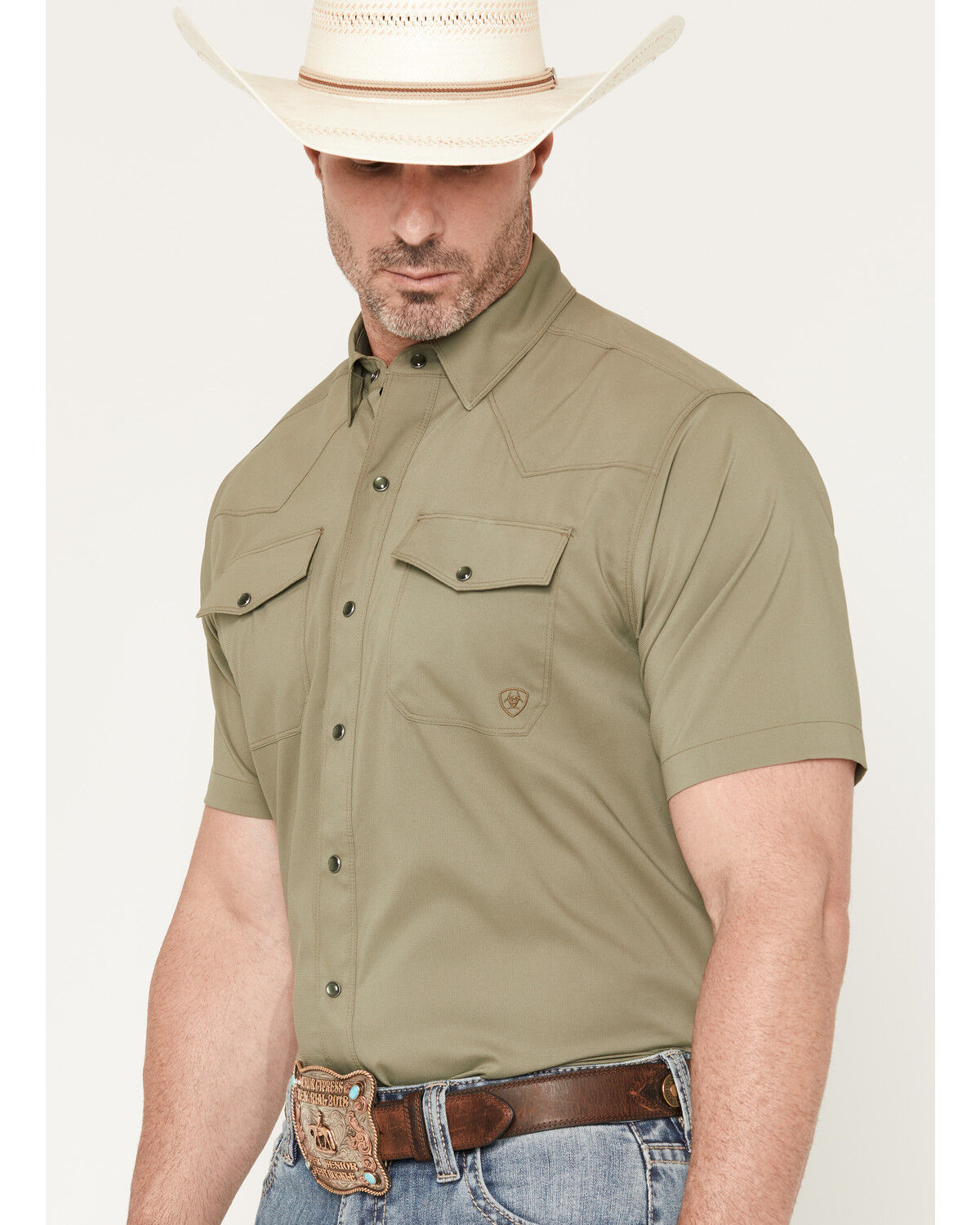 Image #2 - Ariat Men's VentTEK&trade; Solid Short Sleeve Snap Performance Shirt, Olive, hi-res
