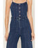 Image #3 - Flying Tomato Women's Dark Wash Sleeveless Seamed Button-Front Denim Jumpsuit, Dark Wash, hi-res