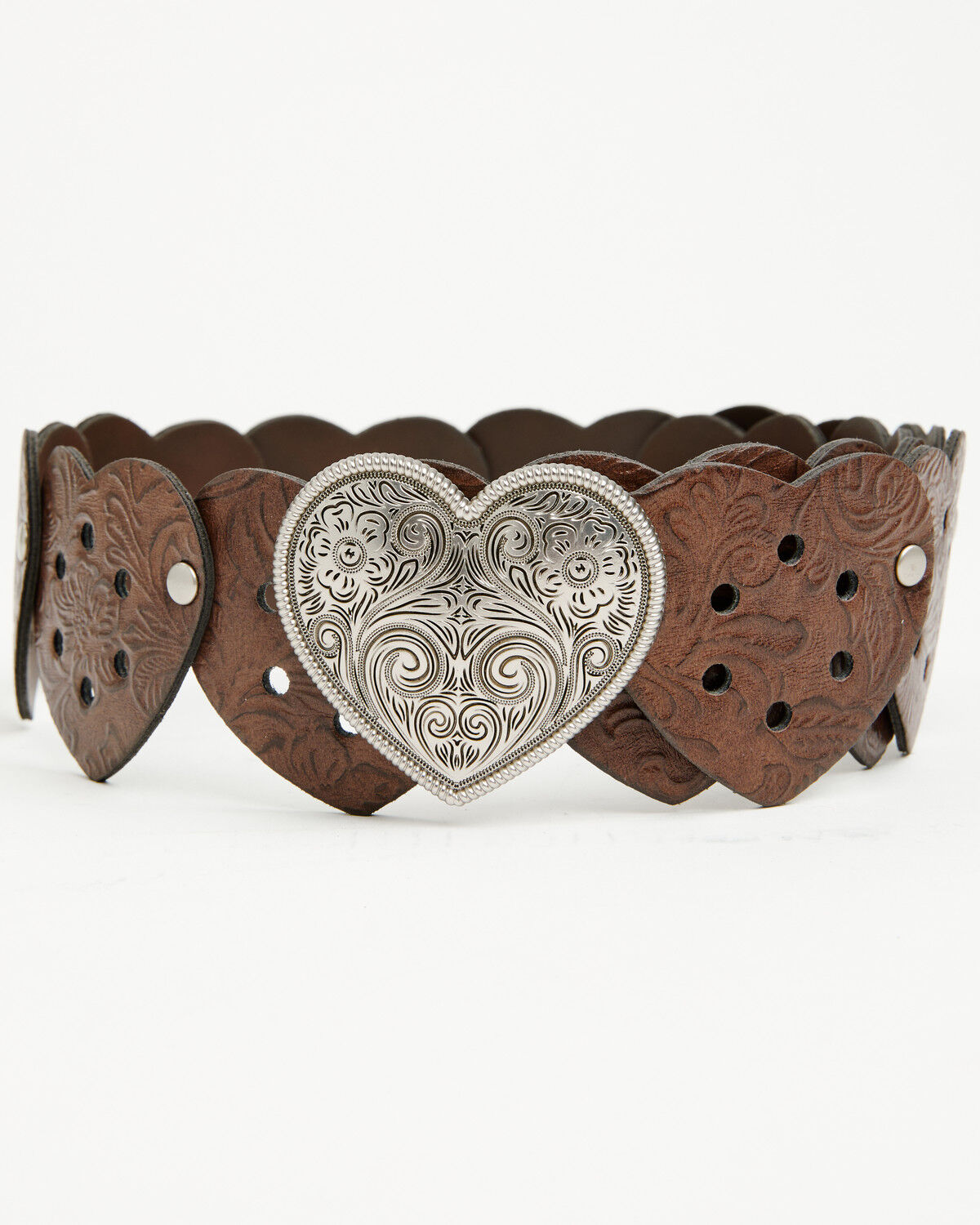 Shyanne Girls' Marigold Heart Plaque Leather Strap Belt, Brown, hi-res