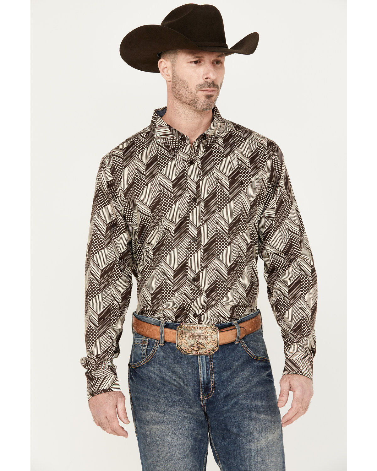 Image #1 - RANK 45&reg; Men's Altonwon Striped Geo Print Long Sleeve Button-Down Western Shirt, Coffee, hi-res