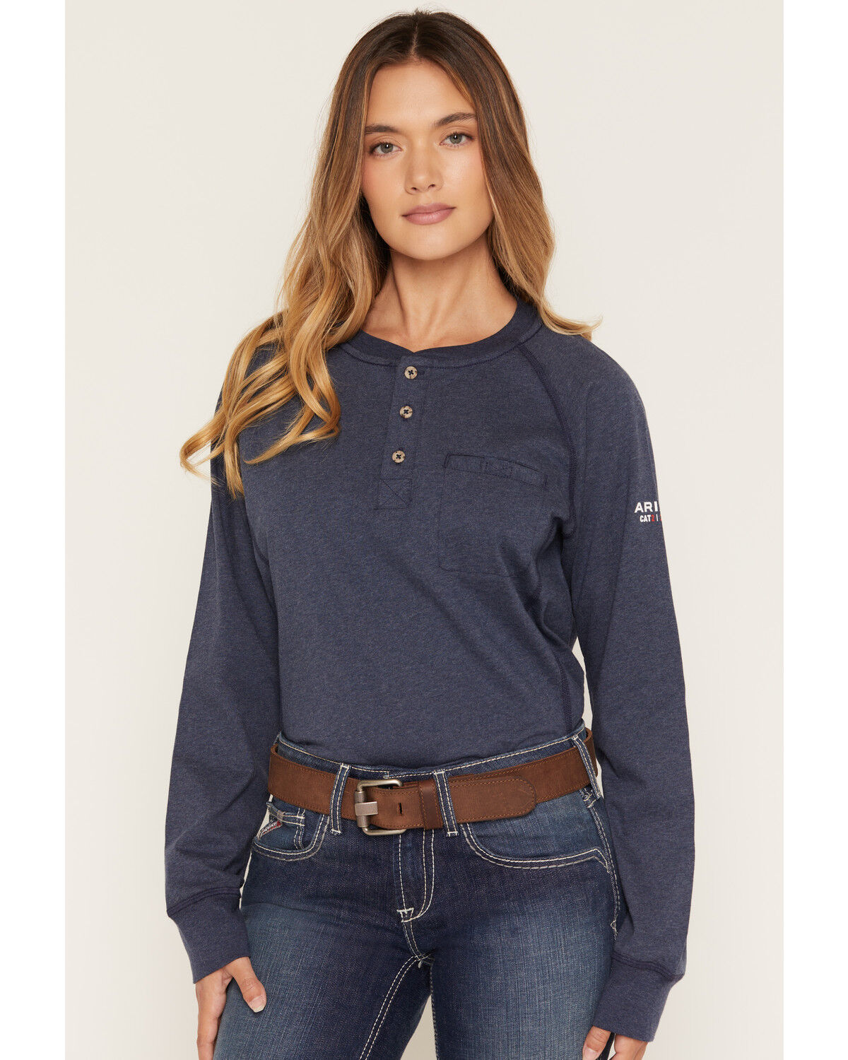 Ariat Women's FR Air Henley Long Sleeve Work Shirt, Navy, hi-res