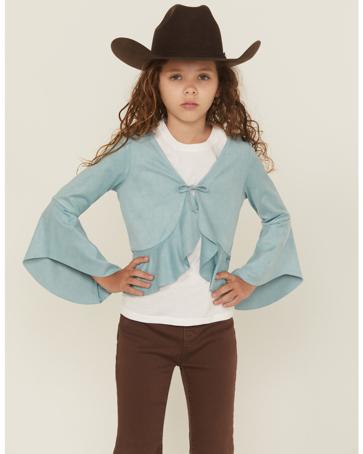 Shyanne Girls' Wrap Bolero Faux Suede Tie-Front Top, Aqua, hi-res