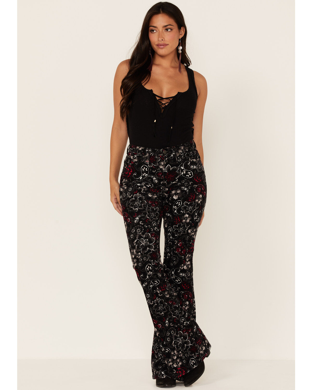 Image #1 - Idyllwind Women's Floral Print High Rise Flare Corduroy Jeans, Black, hi-res