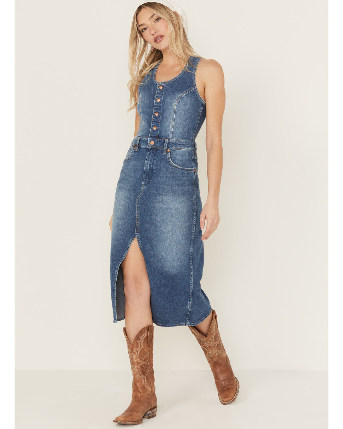 Wrangler Women's Racerback Button-Down Denim Midi Dress, Blue, hi-res