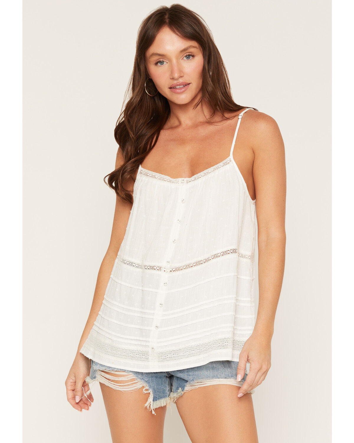 Lovestitch Women's Solid Lace Pleated Tank Top, White, hi-res