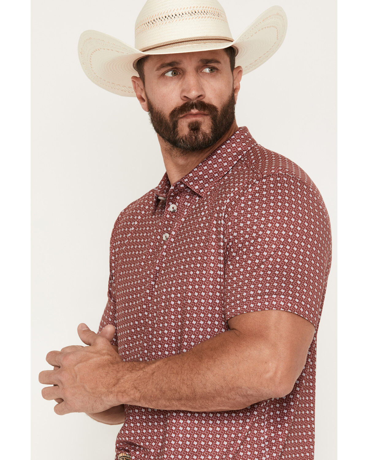 Image #2 - Burlebo Men's Texas Short Sleeve Button-Down Performance Polo Shirt, Maroon, hi-res