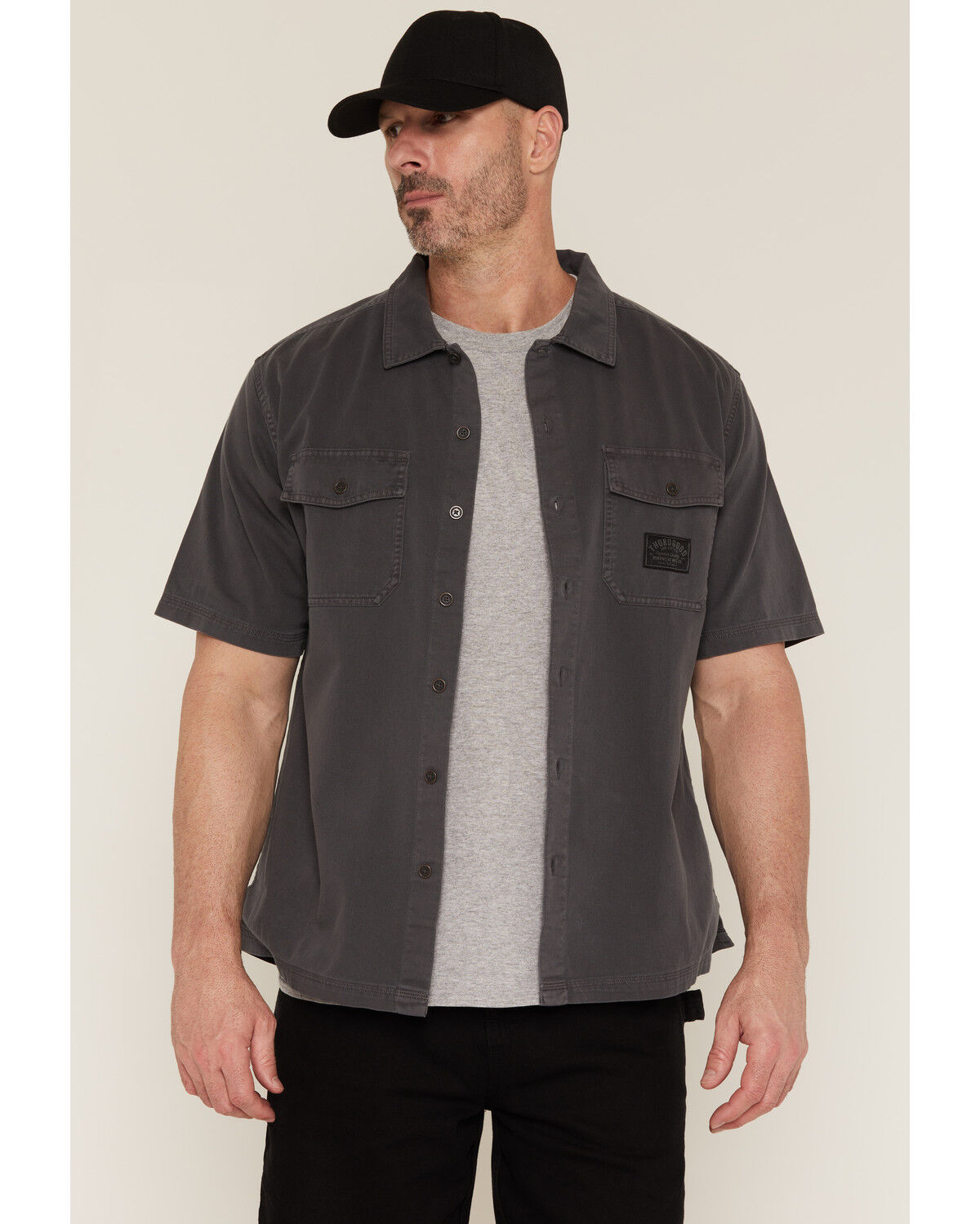 Image #1 - Thorogood Men's Solid Washed Garage Short Sleeve Button-Down Shirt, Charcoal, hi-res