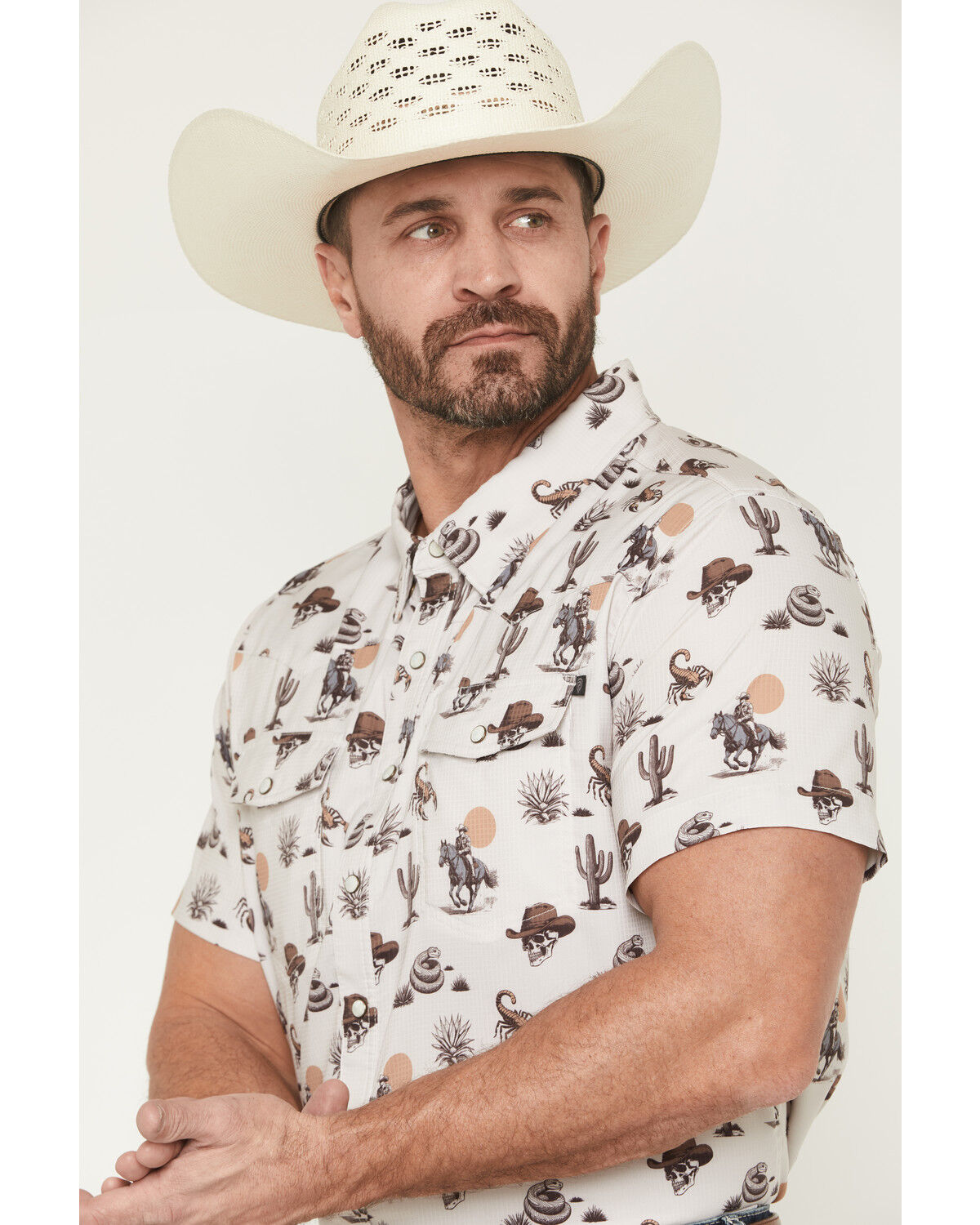 Image #2 - Rock & Roll Denim Men's Desert Novelty Short Sleeve Snap Stretch Western Shirt, Natural, hi-res