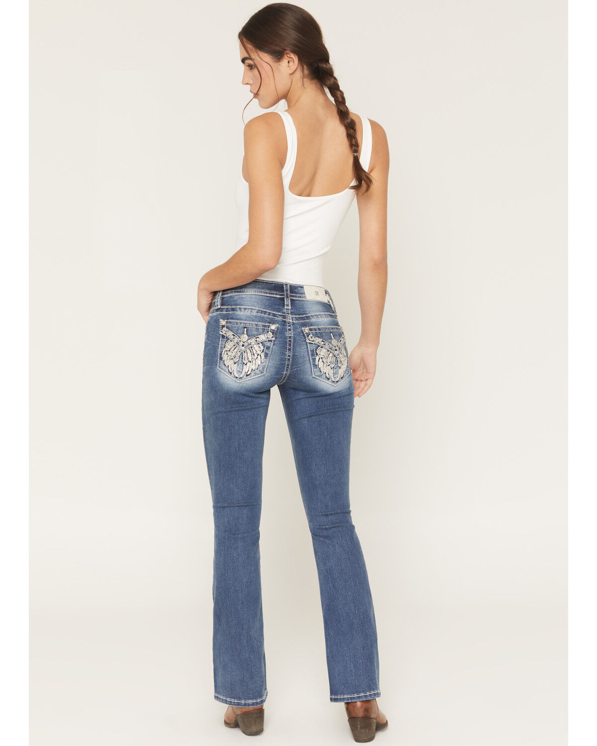 Image #1 - Miss Me Women's Dark Wash Mid Rise Winged Pocket 32" Bootcut Stretch Denim Jeans, Dark Wash, hi-res