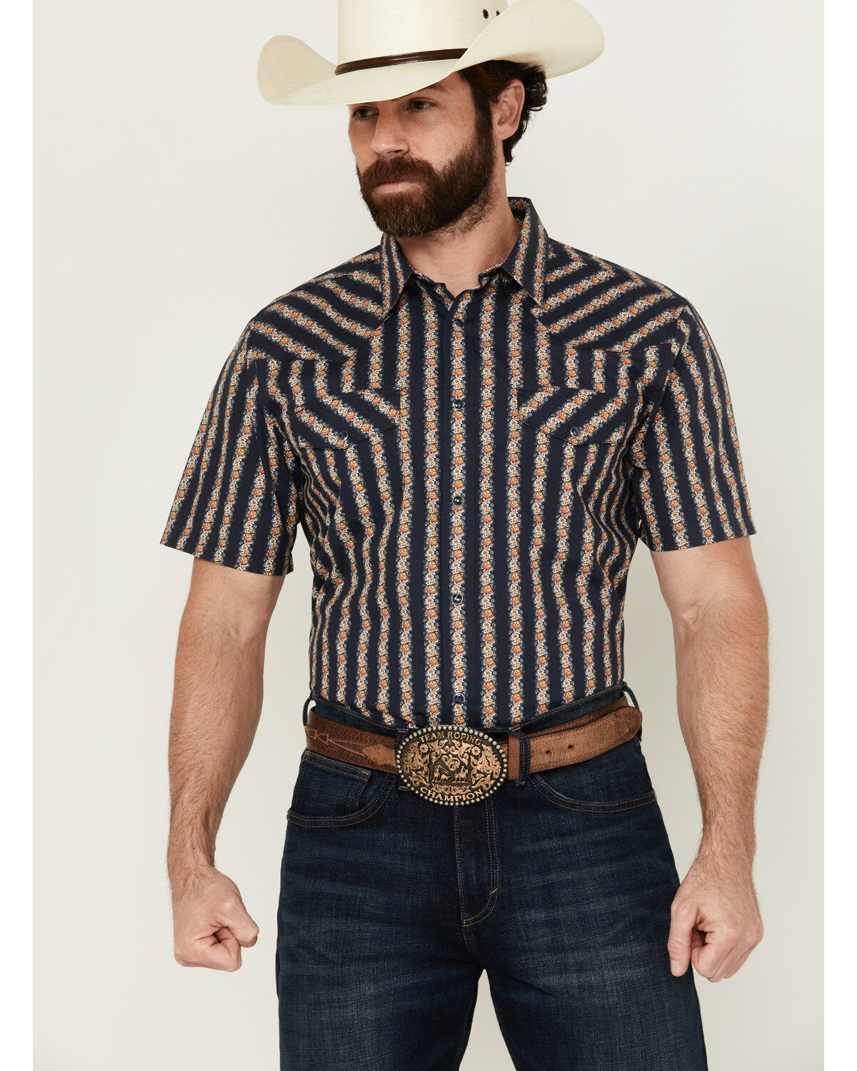 Image #1 - Gibson Men's Belmont Striped Short Sleeve Snap Western Shirt, Navy, hi-res