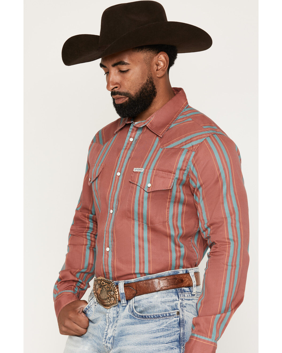 Image #2 - Sendero Provisions Men's Wyatt Stripe Print Long Sleeve Snap Western Shirt, Pink, hi-res