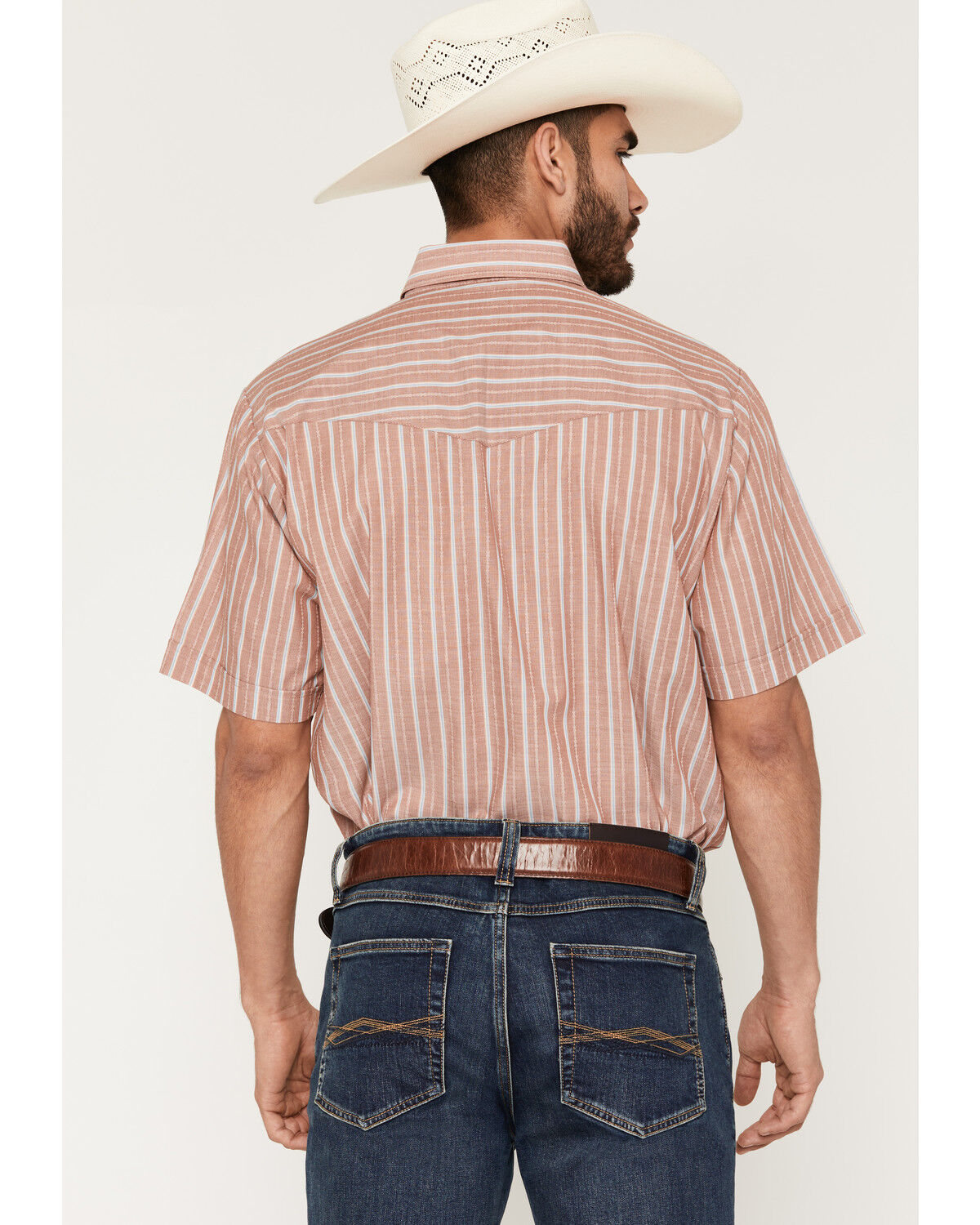 Image #4 - Ely Walker Men's Barbed Wire Striped Short Sleeve Pearl Snap Western Shirt, Rust Copper, hi-res
