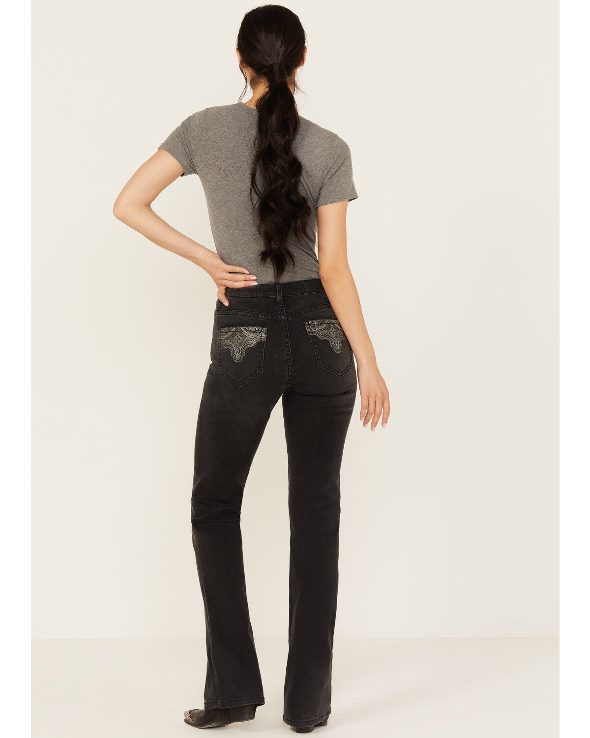 Rock & Roll Denim Women's Mid Rise Pocket Detail Stretch Bootcut Jeans, Charcoal, hi-res