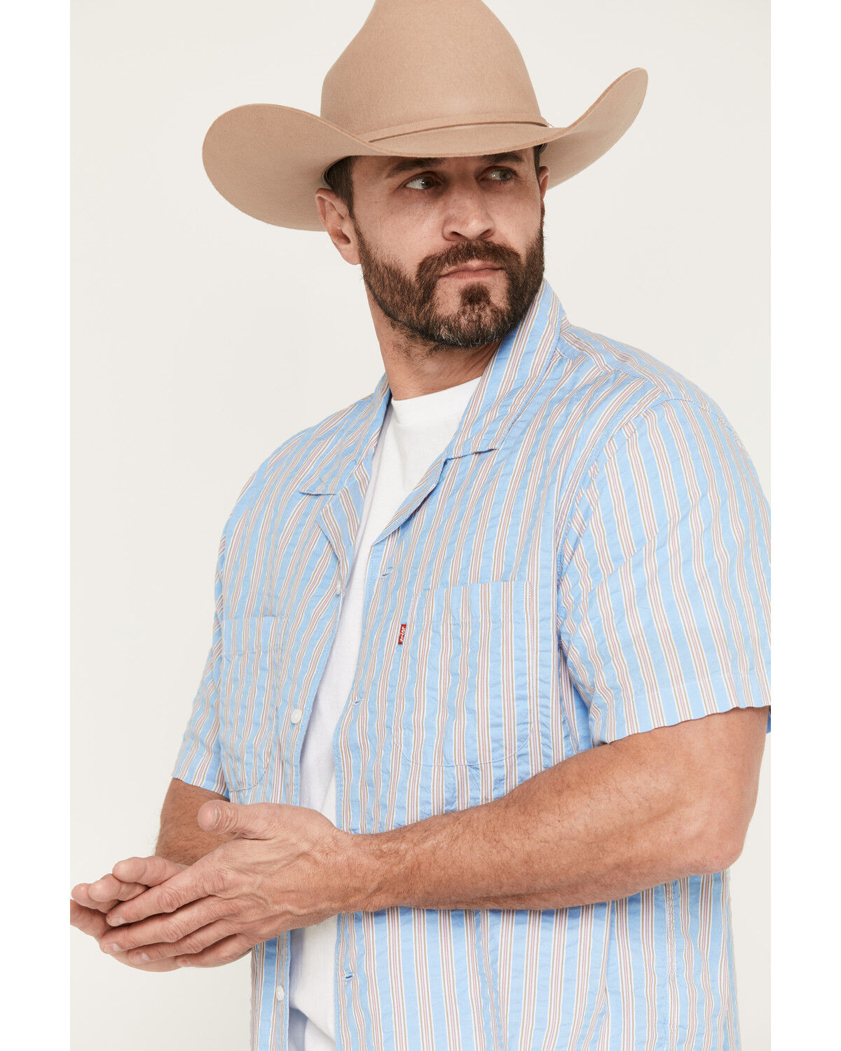 Image #2 - Levi's Men's Jay Classic Camper Striped Short Sleeve Button-Down Western Shirt, Blue, hi-res