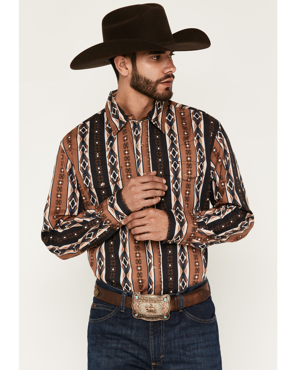Wrangler Men's Checotah Southwestern Print Long Sleeve Snap Western Shirt, Brown, hi-res