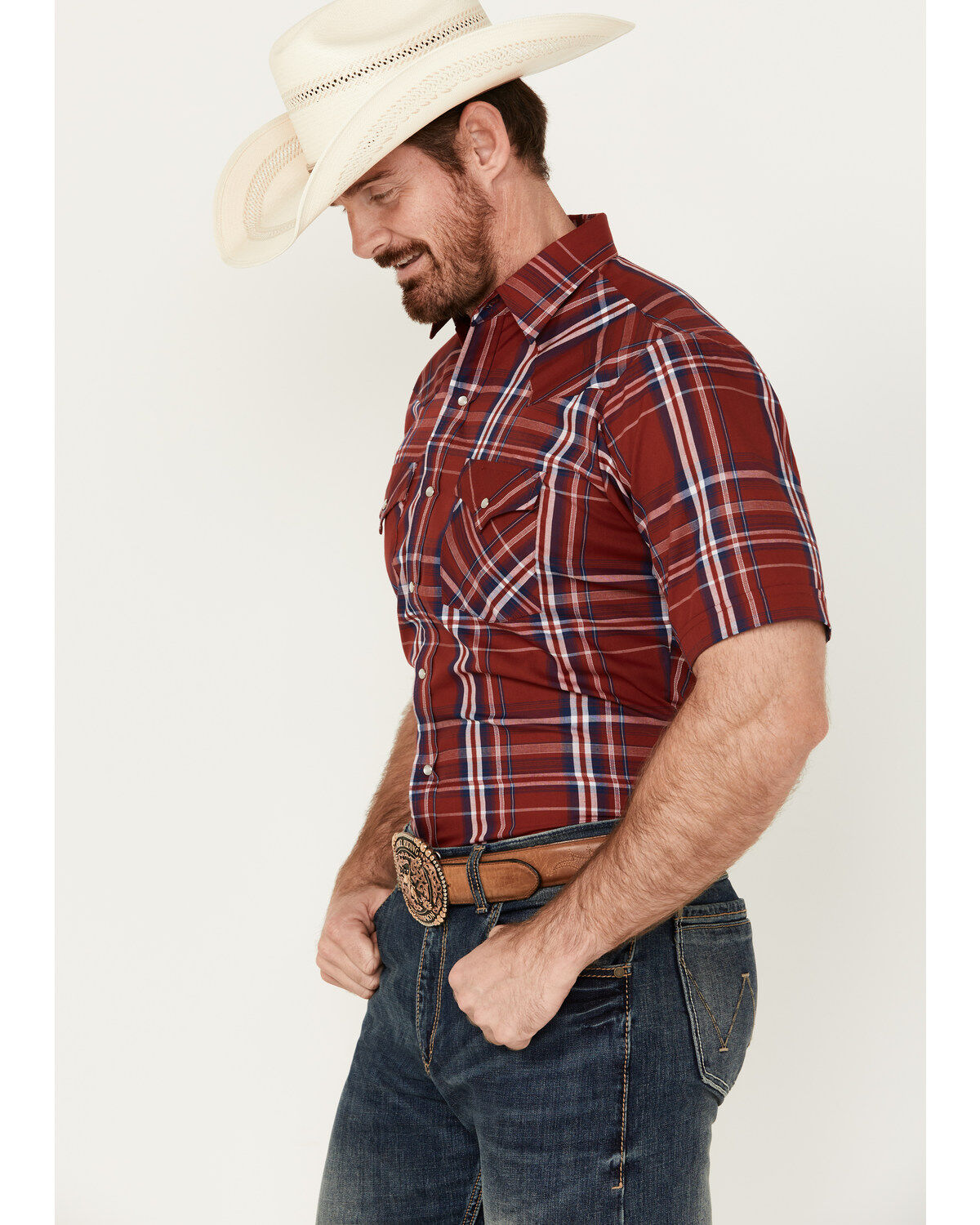 Image #5 - Ely Walker Men's Plaid Print Short Sleeve Pearl Snap Western Shirt, Red, hi-res