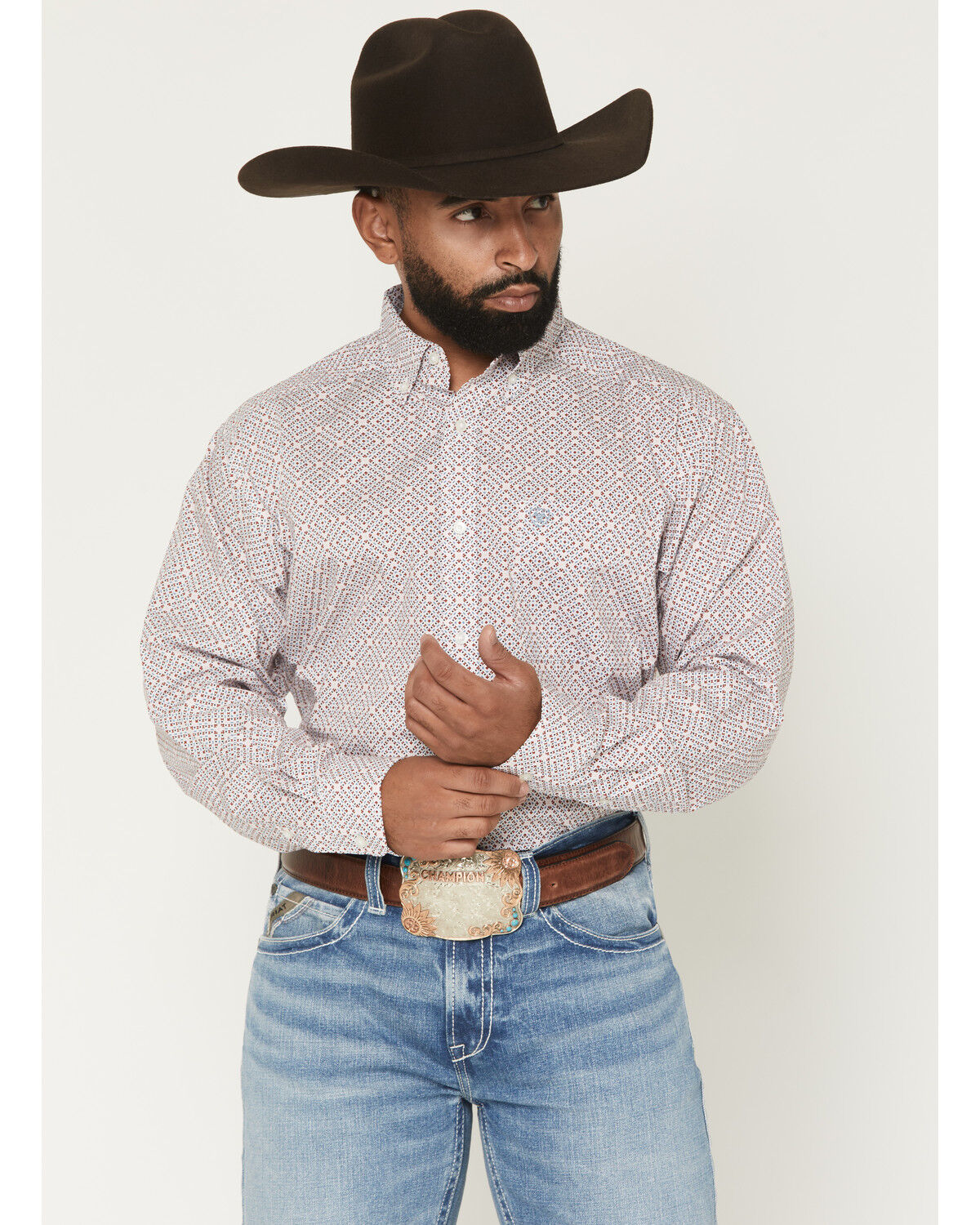 Image #1 - Ariat Men's Tiernan Geo Print Long Sleeve Button-Down Western Shirt, White, hi-res