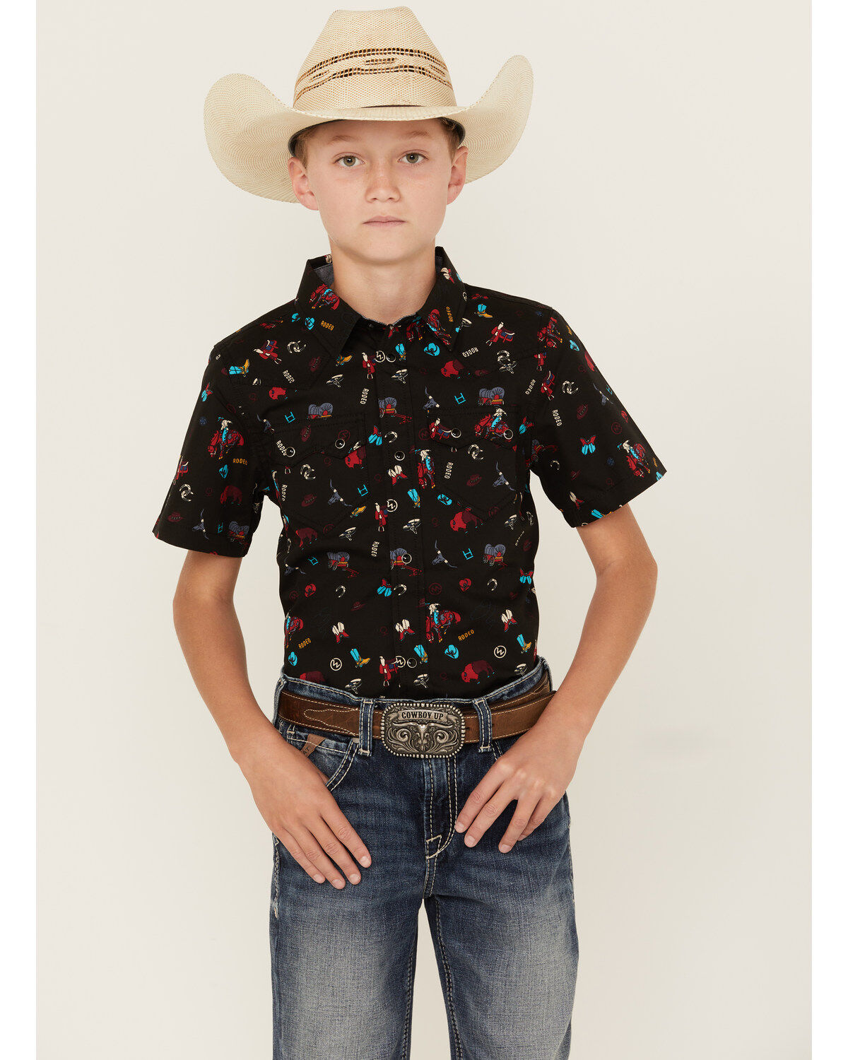 Cody James Boys' Sheriff Conversation Print Short Sleeve Snap Western Shirt, Black, hi-res