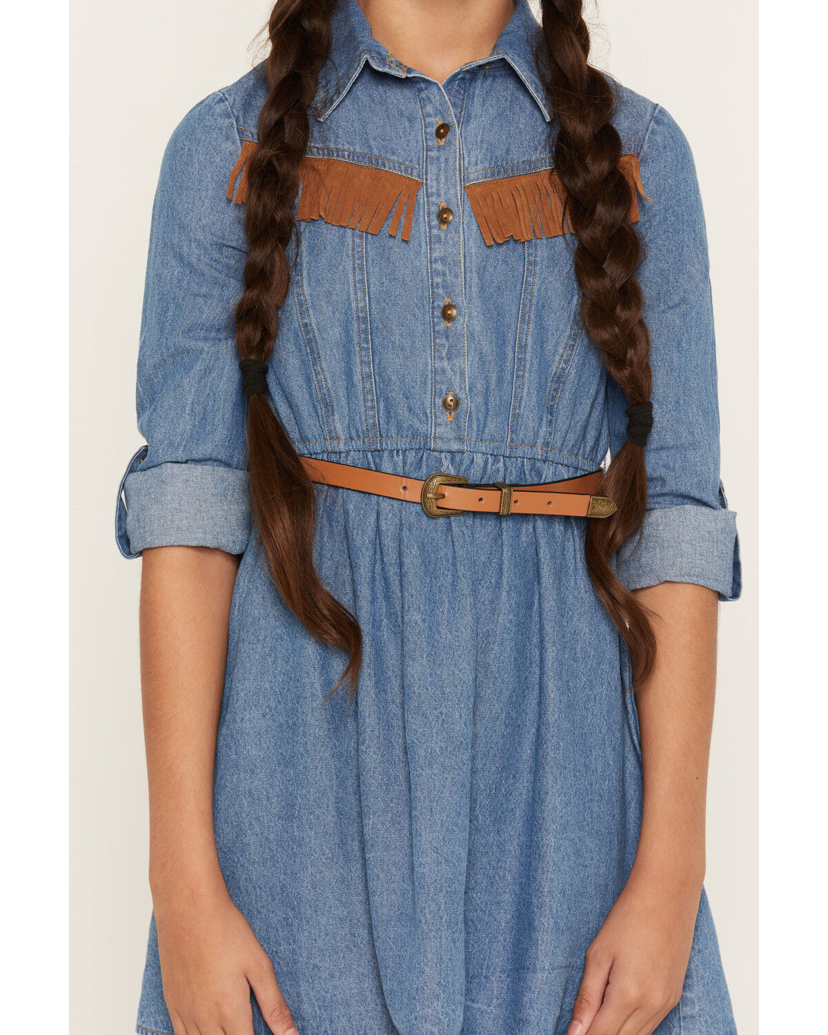 Image #3 - Sugar California Girls' Medium Wash 3/4 Sleeve Denim Fringe Mini Dress, Medium Wash, hi-res